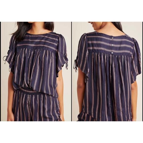By Anthropologie Navy & Metallic Striped Tie Short Sleeve Peasant Blouse Top L - Picture 8 of 9